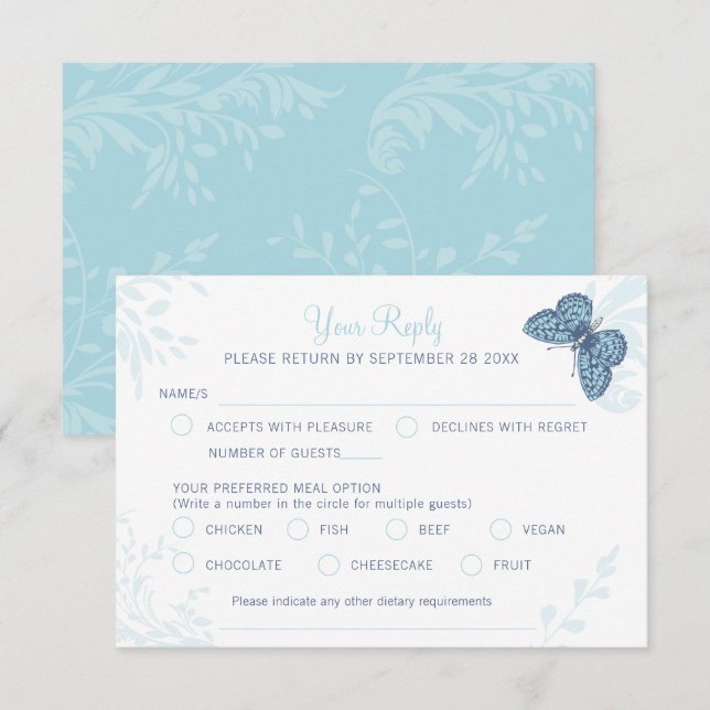 Graphic art butterflies and floral swirl wedding RSVP card (Front/Back)
