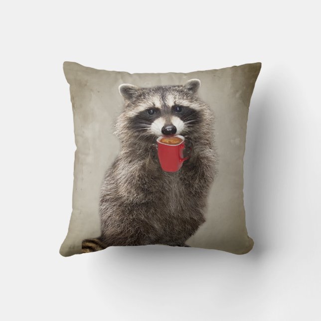 Graphic Art Fun Racoon Drinking Coffee Humour Cushion (Back)