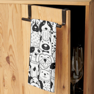 Graphic Art Line Drawing Dog Cartoons Tea Towel
