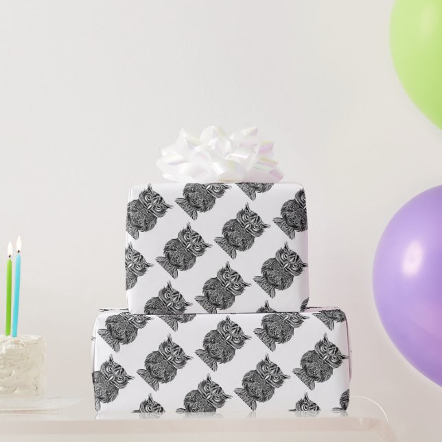 Graphic Art Owl Bird Black white logo Wrapping Paper (Party Gifts)