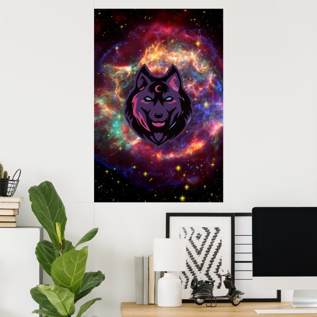 Graphic Art, Purple Cosmic Wolf Illustration Poster (Home Office)