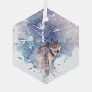 Graphic Art Wolf Looking Back Wildlife Nature Art Glass Tree Decoration