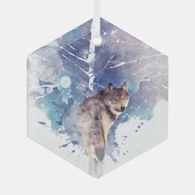 Graphic Art Wolf Looking Back Wildlife Nature Art Glass Tree Decoration (Front)