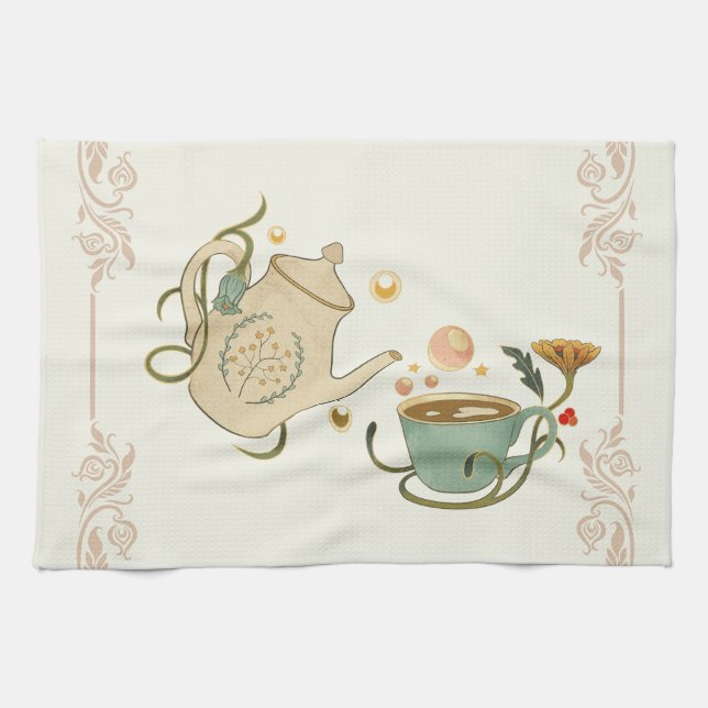 Graphic Artwork, Beige Tea Time Tea Towel (Horizontal)