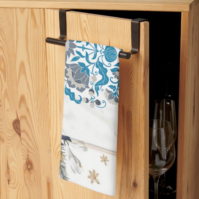 Graphic Artwork, Teal Mandala Floral Frame Tea Towel (Thirds Fold)