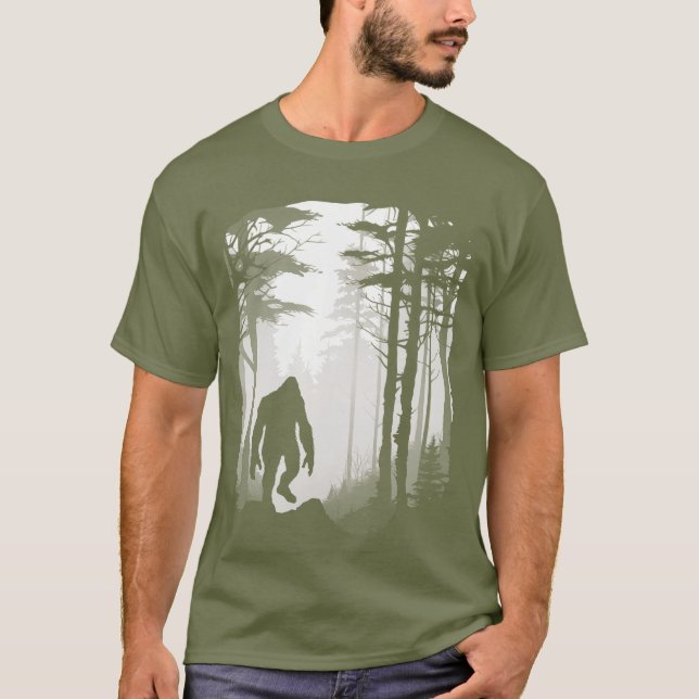 Graphic Bigfoot Sasquatch Silhouette Forest Mist T-Shirt (Front)