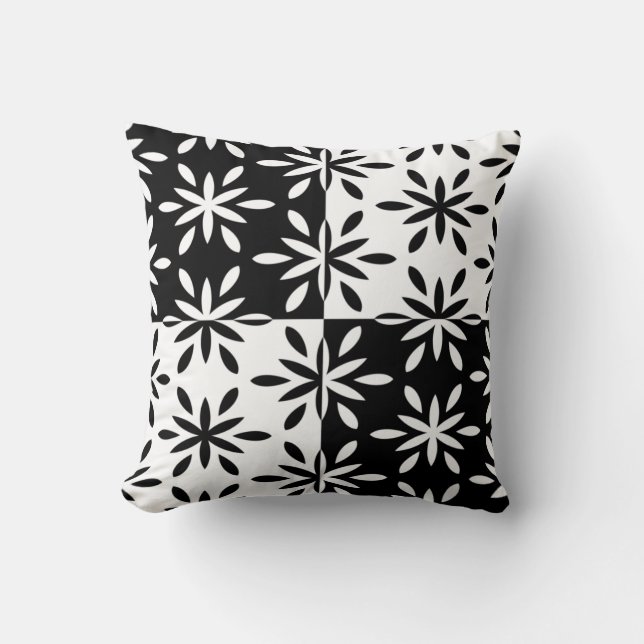 Graphic Black and White Geometric Flower Pattern Cushion (Front)