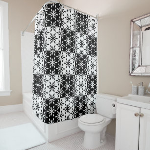 Graphic Black and White Geometric Flower Pattern Shower Curtain