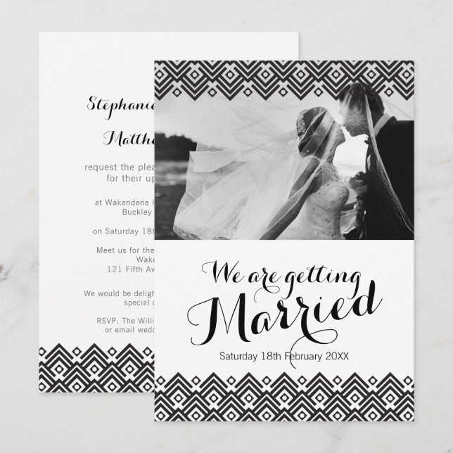 Graphic black geometric photo wedding invitation (Front/Back)