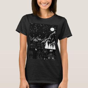 Graphic Black White Deer town Starry moonlit night T-Shirt