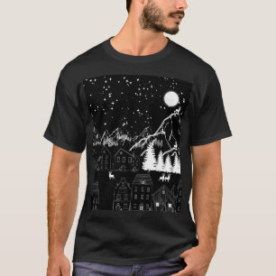 Graphic Black White Deertown Starry moonlit night T-Shirt