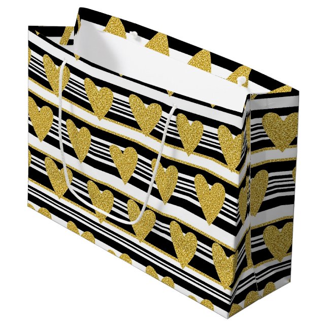 Graphic Black White Heart Stripe Pattern Large Gift Bag (Front Angled)
