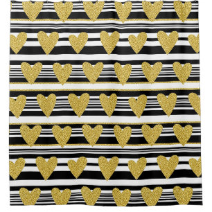 Graphic Black White Heart Stripe Pattern Shower Curtain