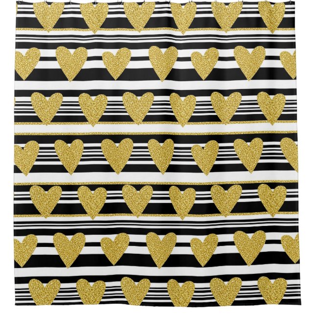 Graphic Black White Heart Stripe Pattern Shower Curtain (Front)