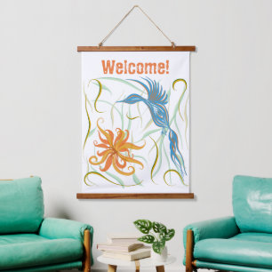 Graphic Blue Bird and Bird of Paradise Hanging Tapestry