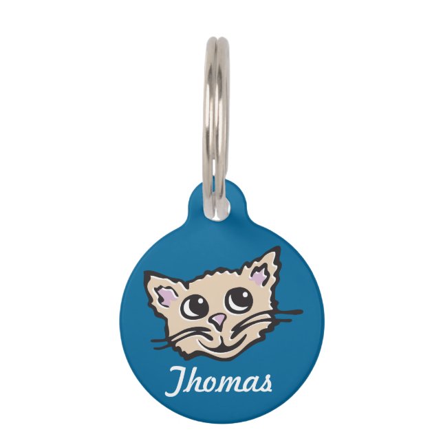 Graphic blue brown cat name & details pet tag (Front)