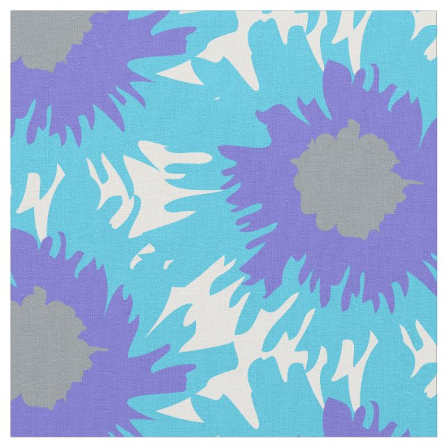 Graphic blue purple single poppy art pattern fabric (Close Up)
