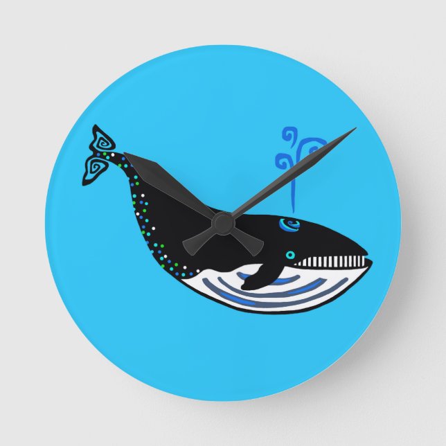 Graphic Blue WHALE - Ocean blue - Wildlife Round Clock (Front)