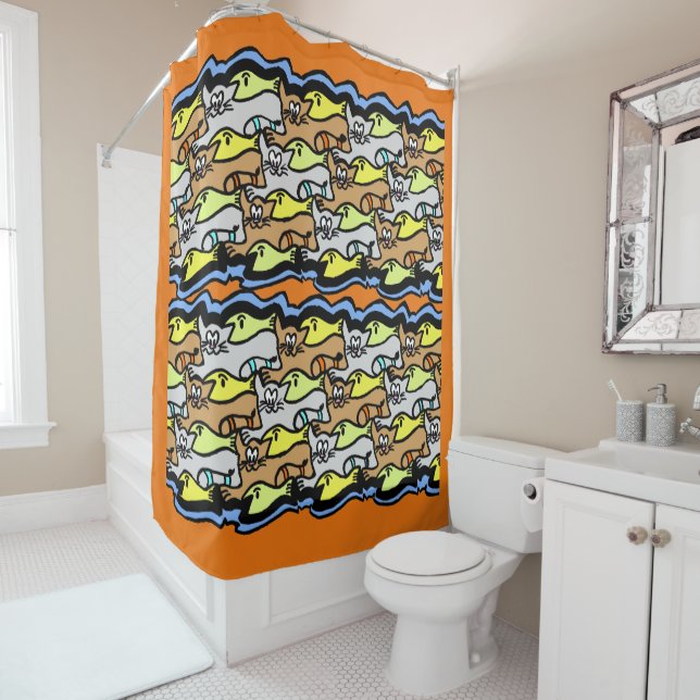 Graphic Cats and Fish Cartoon Shower Curtain (In Situ)