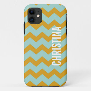Graphic chevron pattern yellow teal your name iPhone 11 case