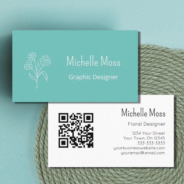 Graphic Designer QR code Trendy Daisy Teal Business Card (Creator Uploaded)