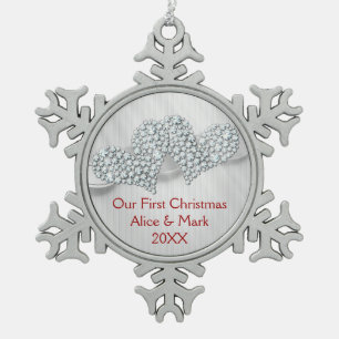 Graphic Diamonds Hearts   Our First Christmas Snowflake Pewter Christmas Ornament
