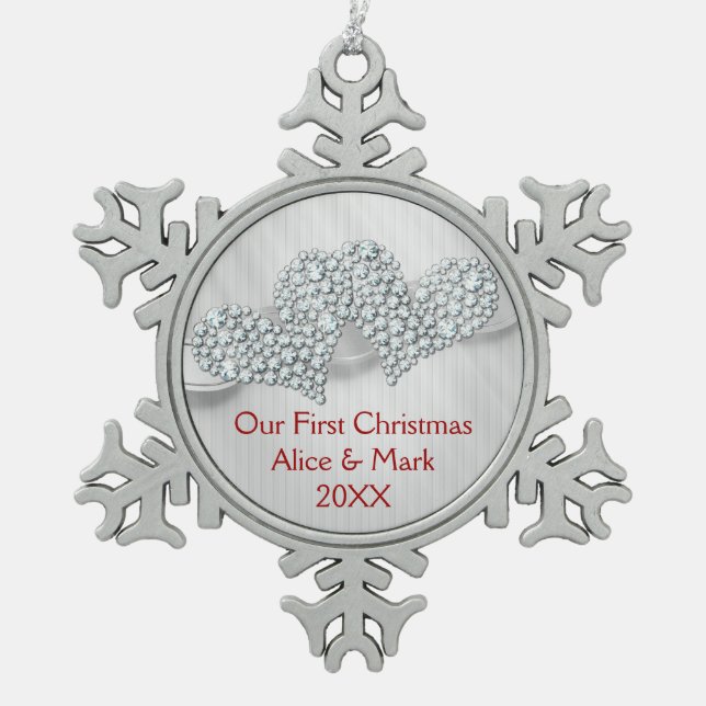 Graphic Diamonds Hearts | Our First Christmas Snowflake Pewter Christmas Ornament (Front)