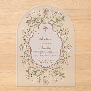 graphic flowers frame Baptism Acrylic Invitations