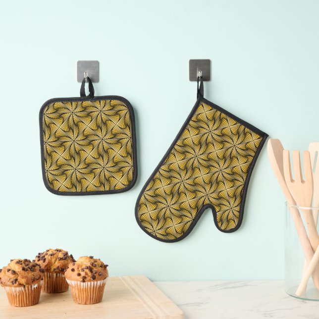 Graphic Geometric 3D Spiral Twist Yellow Oven Mitt & Pot Holder Set (Insitu(Hanging))