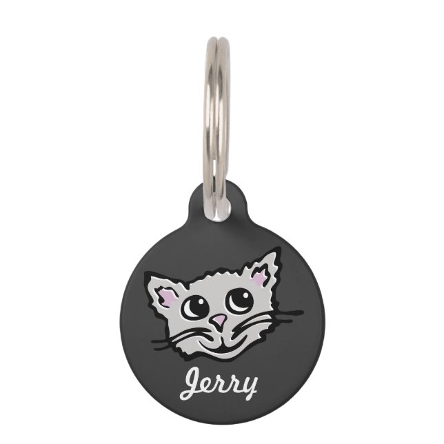 Graphic grey cat name & lost details pet tag (Front)