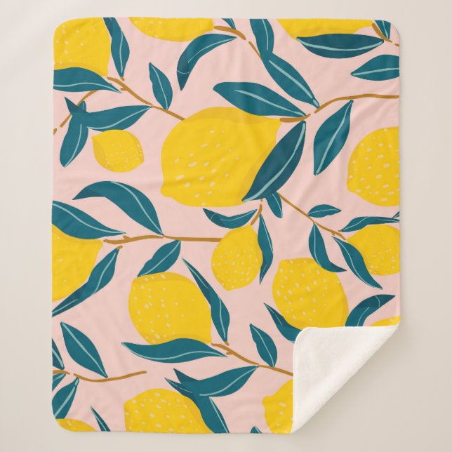 Graphic illustrated lemons: pink seamless pattern sherpa blanket (Front)
