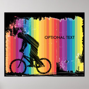 Graphic Ink Sketch of Cyclist on Rainbow Stripes Poster