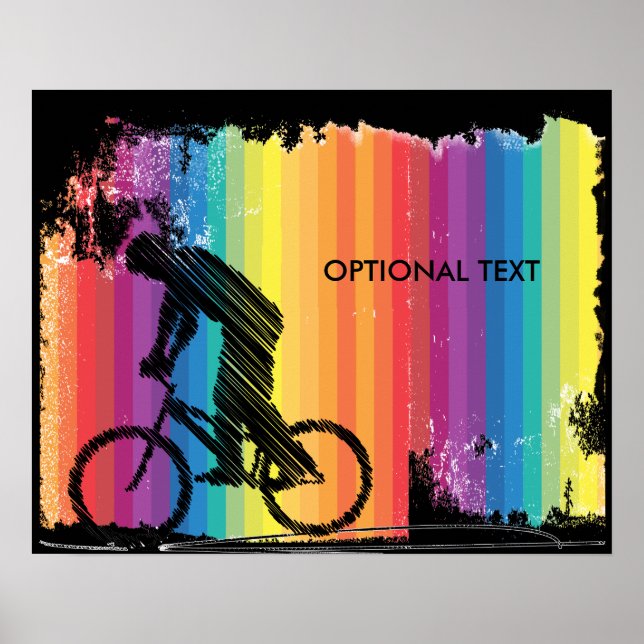 Graphic Ink Sketch of Cyclist on Rainbow Stripes Poster (Front)