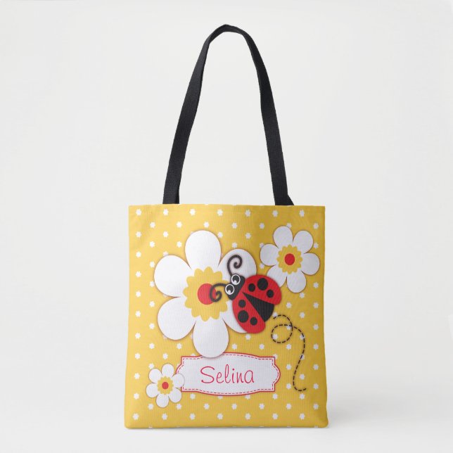 Graphic ladybug flowers girls name tote bag (Front)