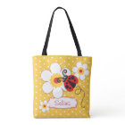 Graphic ladybug flowers girls name tote bag