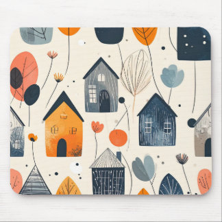 Graphic landscape with houses and flowers mouse mat