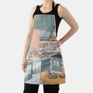 Graphic line art kitchen scenes cooking activities apron
