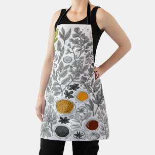 Graphic line art of culinary herbs spices Art Apron