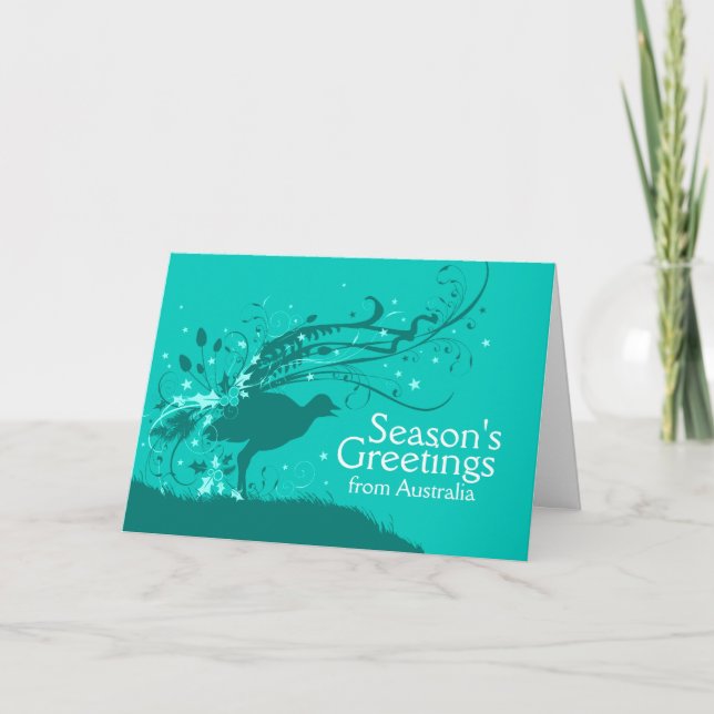 Graphic lyrebird teal Australian Christmas card (Front)