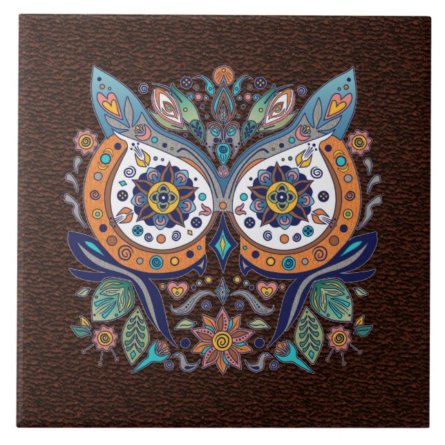 Graphic Mexican Style Owl Face Leaves Floral Tile (Front)