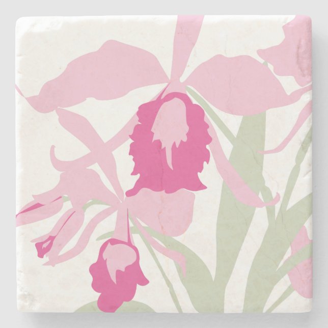 Graphic modern flower pink green orchid stone coaster (Front)