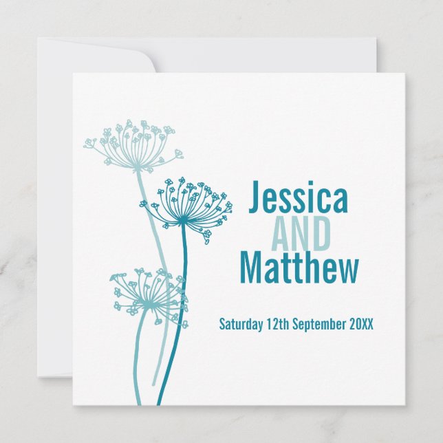 Graphic modern flower square teal wedding invite (Front)