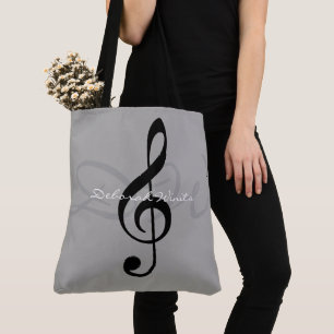 graphic musical note on gray tote bag with name