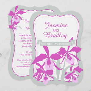 Graphic orchid purple green grey wedding invite