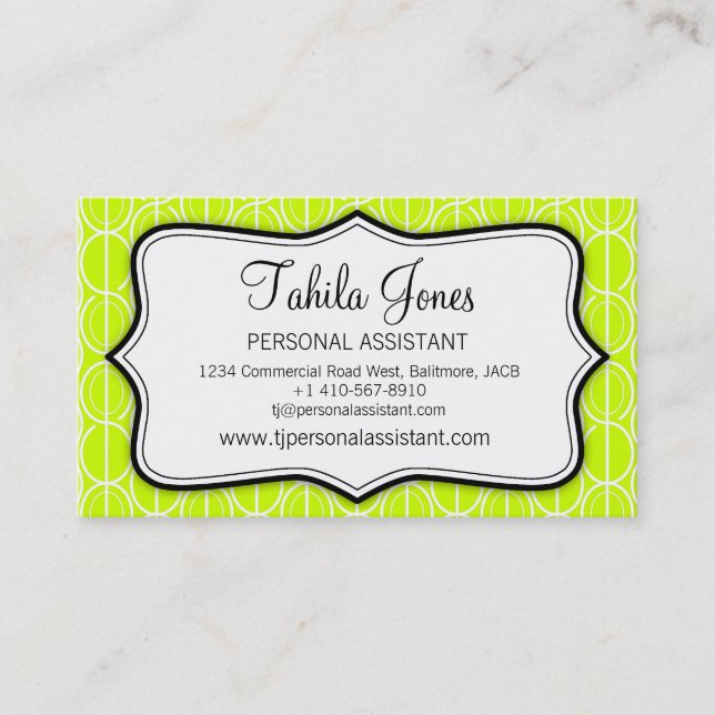 Graphic ovals lime, black & white business card (Front)