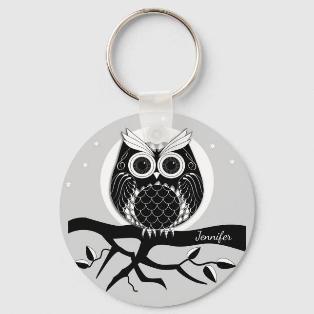 Graphic owl with elegant patterns and Name Key Ring (Front)