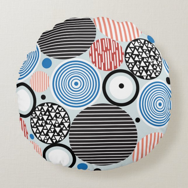 graphic pattern of multicolored circles of differe round cushion (Front)