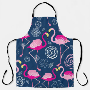 Graphic pattern of pink flamingos on a dark blue b apron