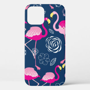 Graphic pattern of pink flamingos on a dark blue b iPhone 12 case