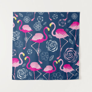 Graphic pattern of pink flamingos on a dark blue b tapestry